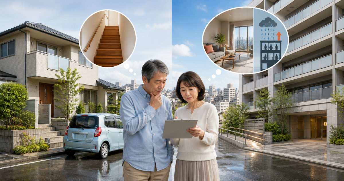 足立区で戸建てからマンションへ住み替える夫婦が、車・階段・水害時の避難を比べるイメージ。