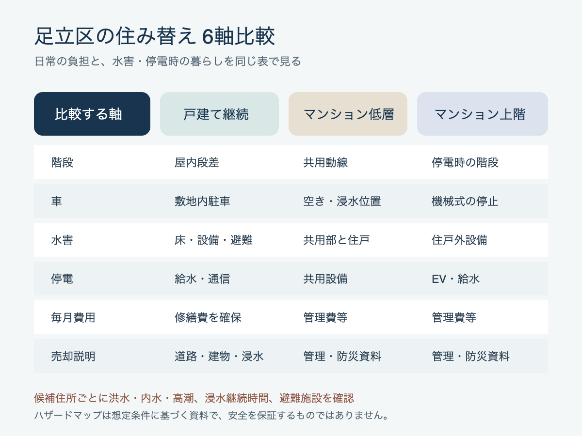 戸建て継続、マンション低層階、マンション上階を車・階段・水害・停電・毎月費用で比較する図