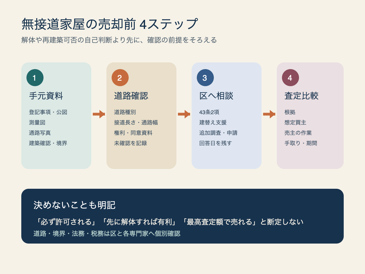 足立区の無接道家屋を売る前に、道路確認、43条相談、現況査定を進める順序図