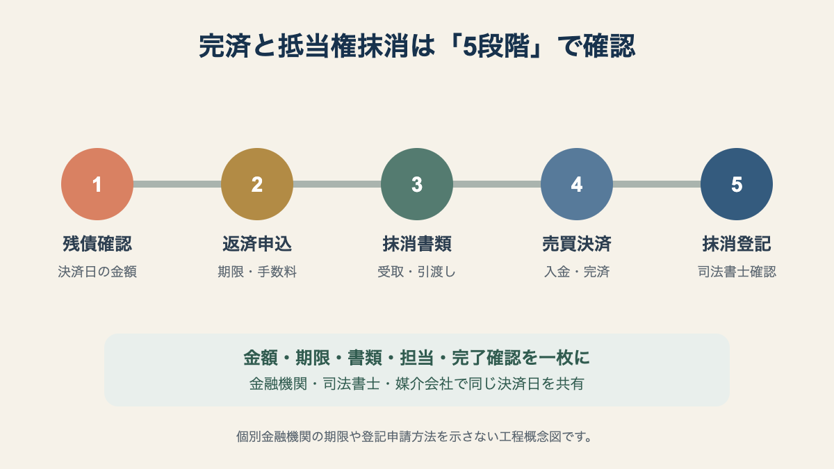 住宅ローン残債確認、一括返済申込、抹消書類、決済、抵当権抹消登記の5段階を示す図。