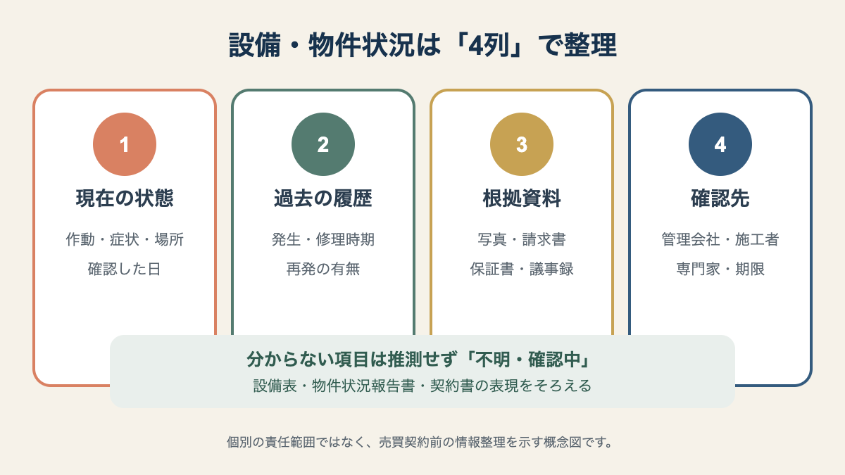 売買契約前に、現在状態、過去履歴、資料、確認先の4列で設備・物件状況を整理する図。