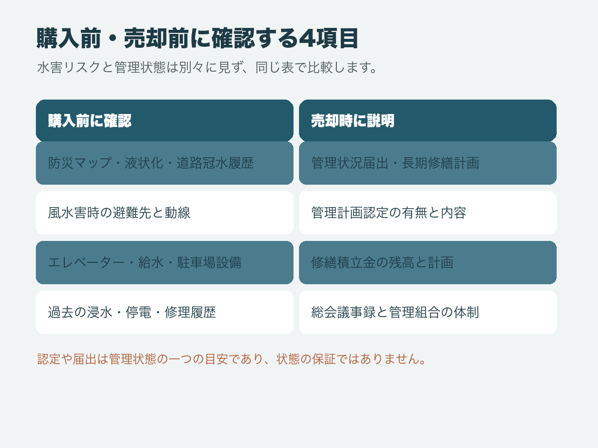 江戸川区の分譲マンションを購入前と売却時に分け、防災情報と管理状況を確認する4項目の比較表