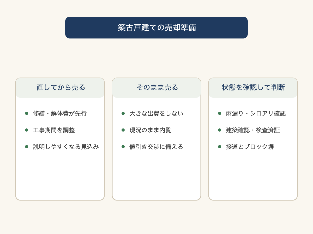 築古戸建てを直して売るか、そのまま売るか、確認してから判断するかを比べる図
