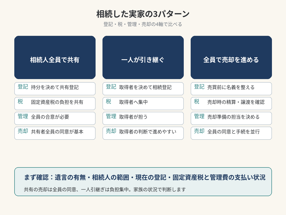 相続人全員での共有、一人引継ぎ、全員での売却を登記、税、管理、売却で比べる図