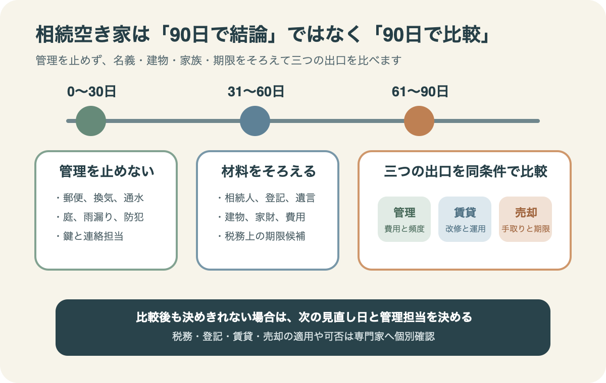 小金井市で相続した空き家について、30日で管理、60日で資料、90日で管理・賃貸・売却を比較する図。