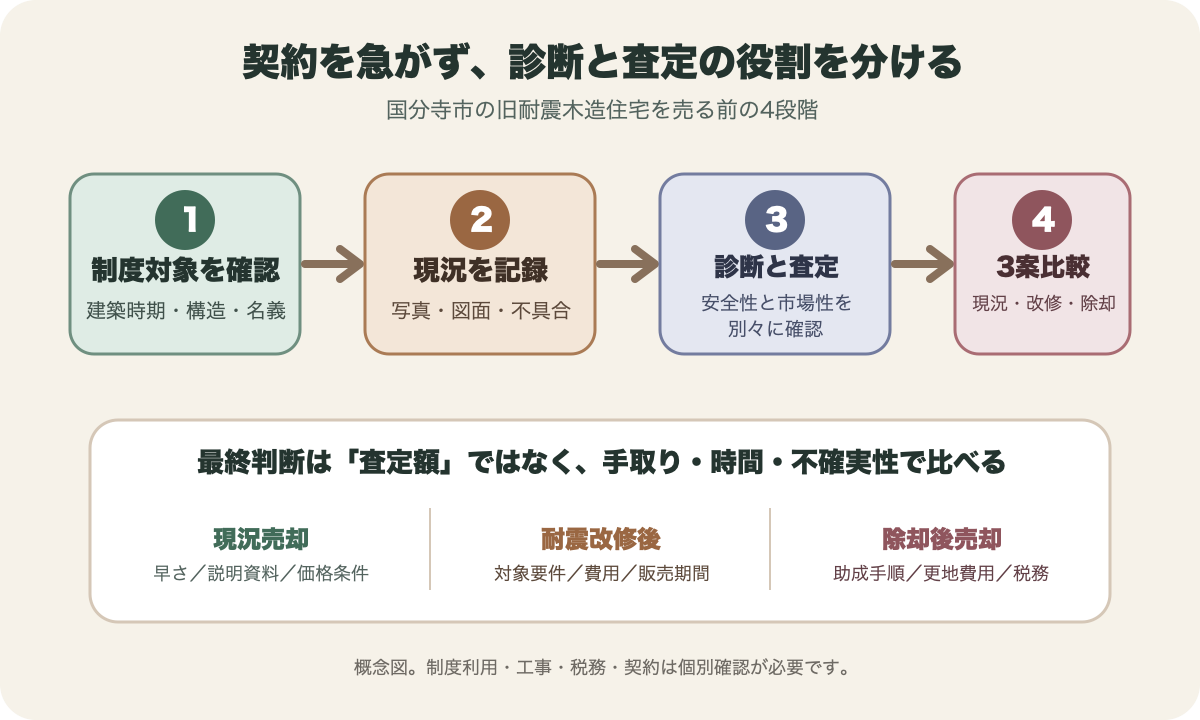 国分寺市の旧耐震木造住宅で、市制度の対象確認、現況記録、耐震診断と査定、三つの売却案比較を進める順番の図。