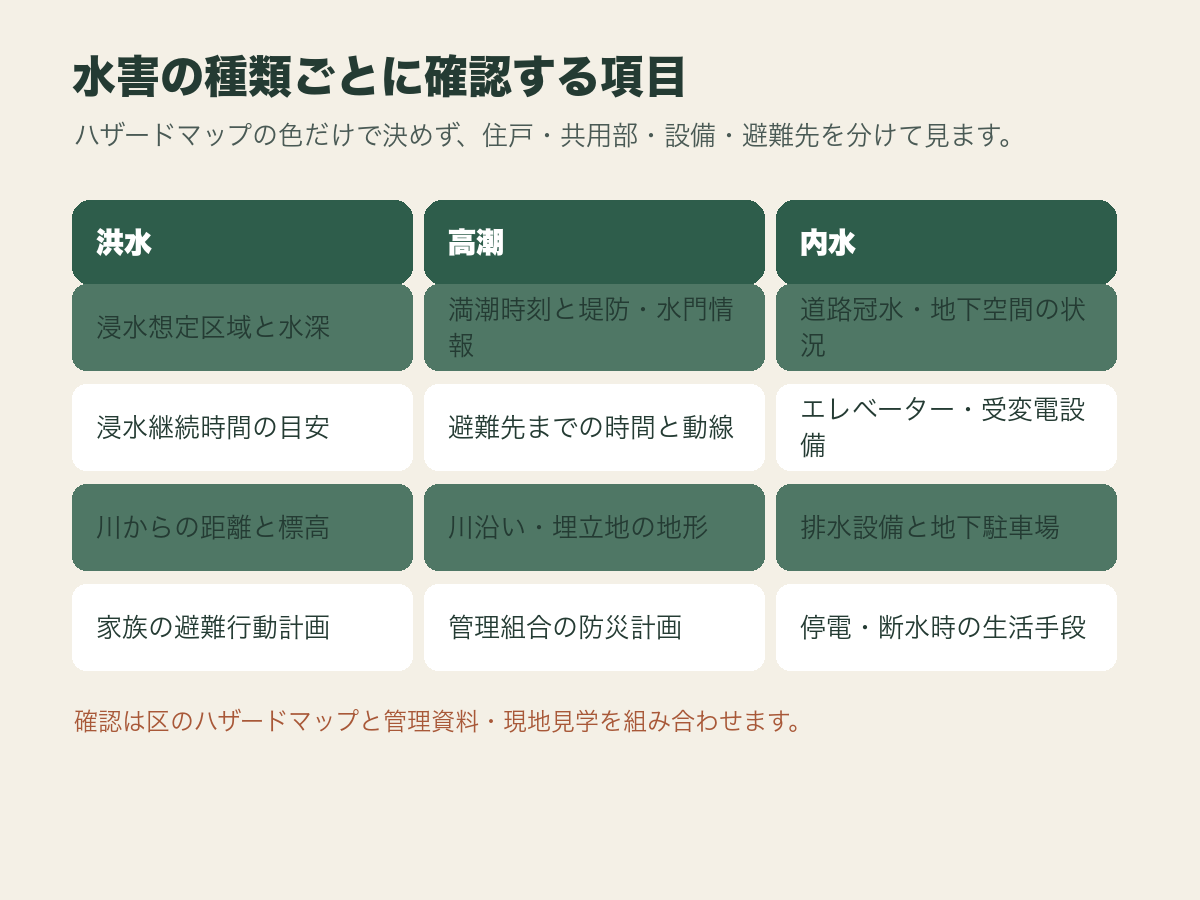 江東区の洪水・高潮・内水ごとに、浸水想定、避難動線、設備・駐車場、家族の行動計画を確認する比較表