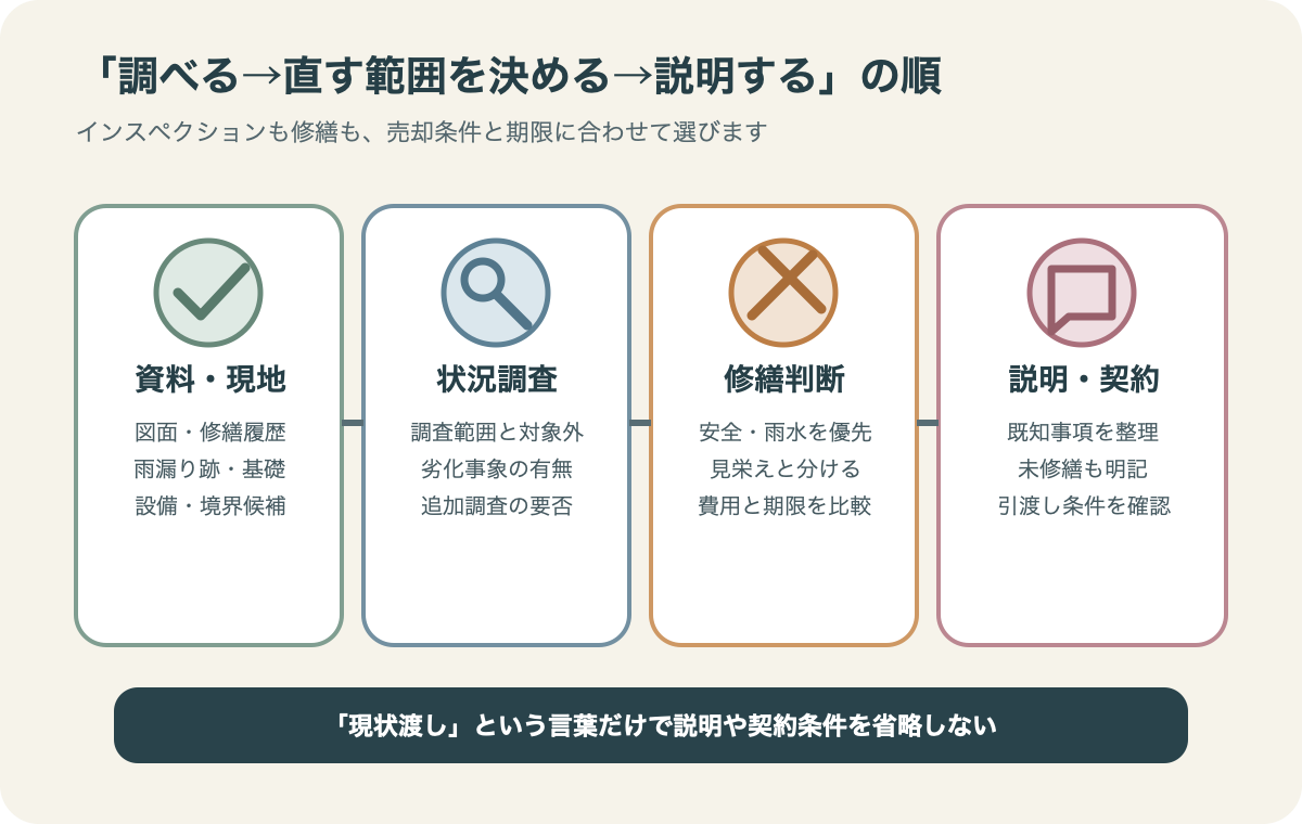 三鷹市の戸建て売却で、資料と現地、建物状況調査、修繕判断、説明と契約を順に進める図。