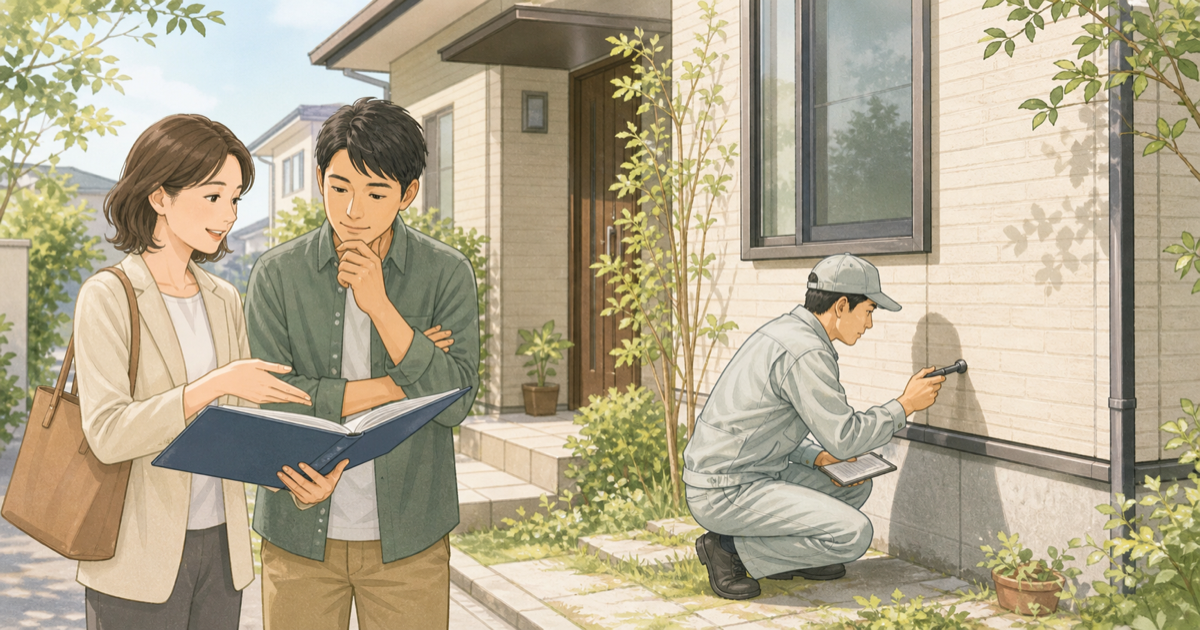 三鷹市の戸建て売却前に、建物調査の様子を見ながら資料を確認する売主と相談担当のイメージ。