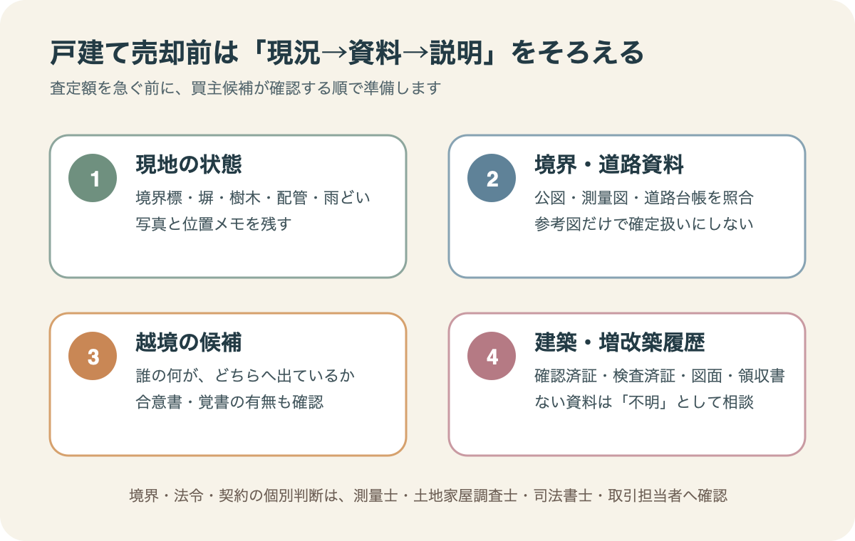 武蔵野市の戸建て売却前に、現地、境界と道路、越境、建築と増改築履歴を順に確認する図。