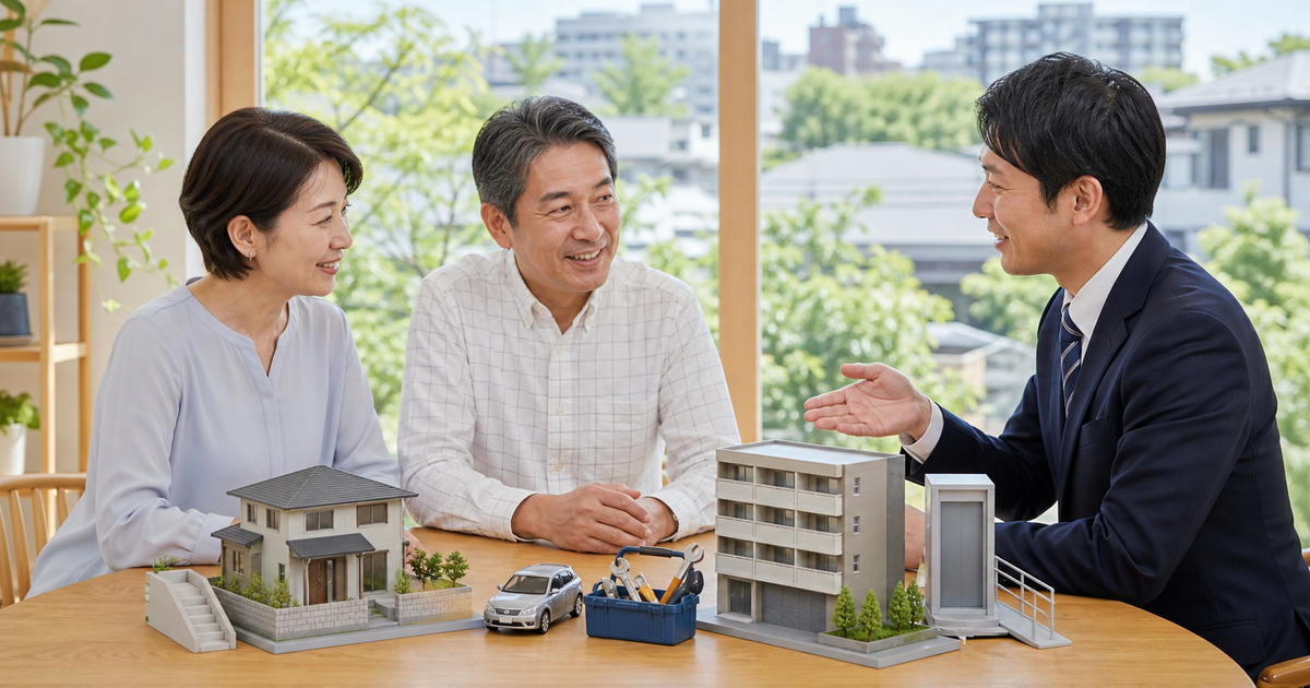 戸建てからマンションへの住み替えで、階段、車、修繕、エレベーターを相談担当と比べる夫婦のイメージ。
