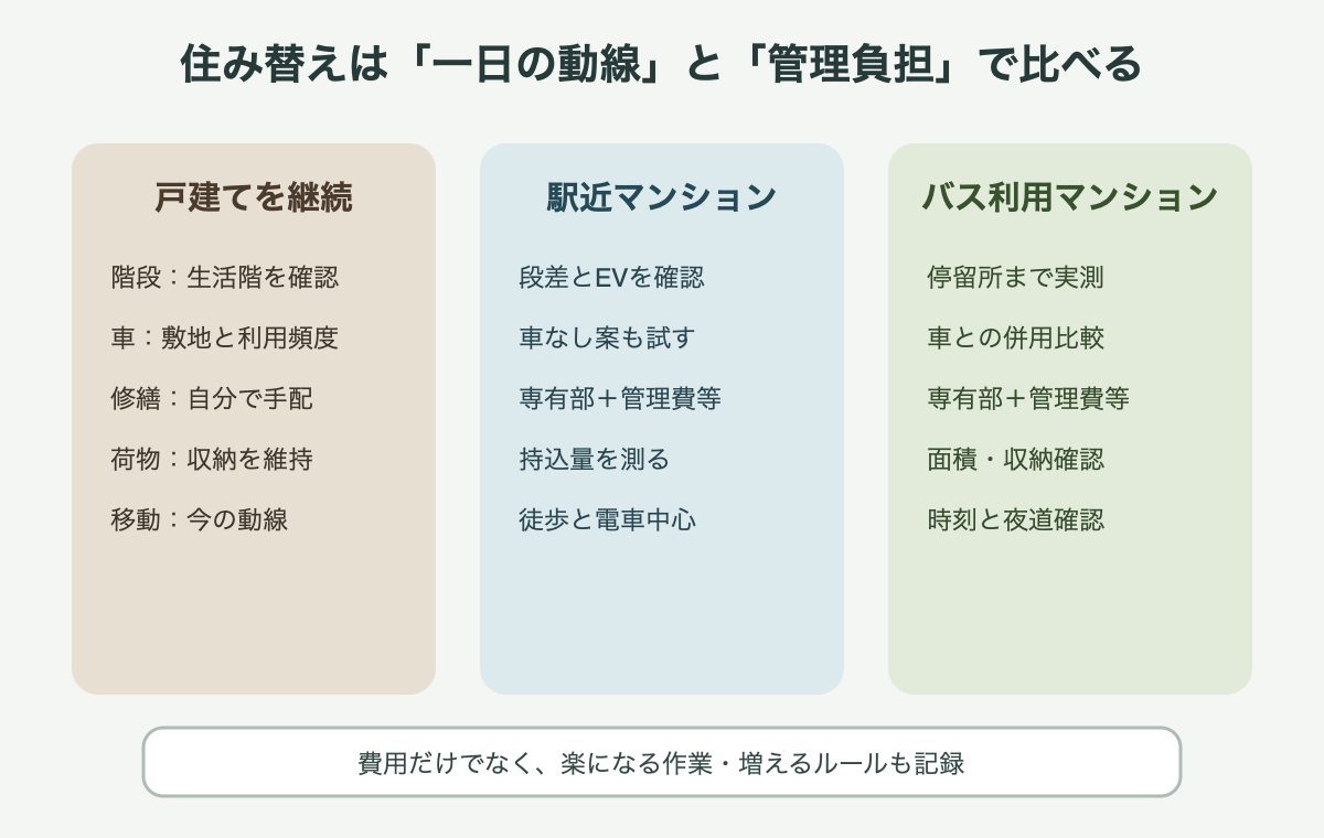戸建て継続、駅近マンション、バス利用マンションを、階段、車、修繕、月額で比べる図。