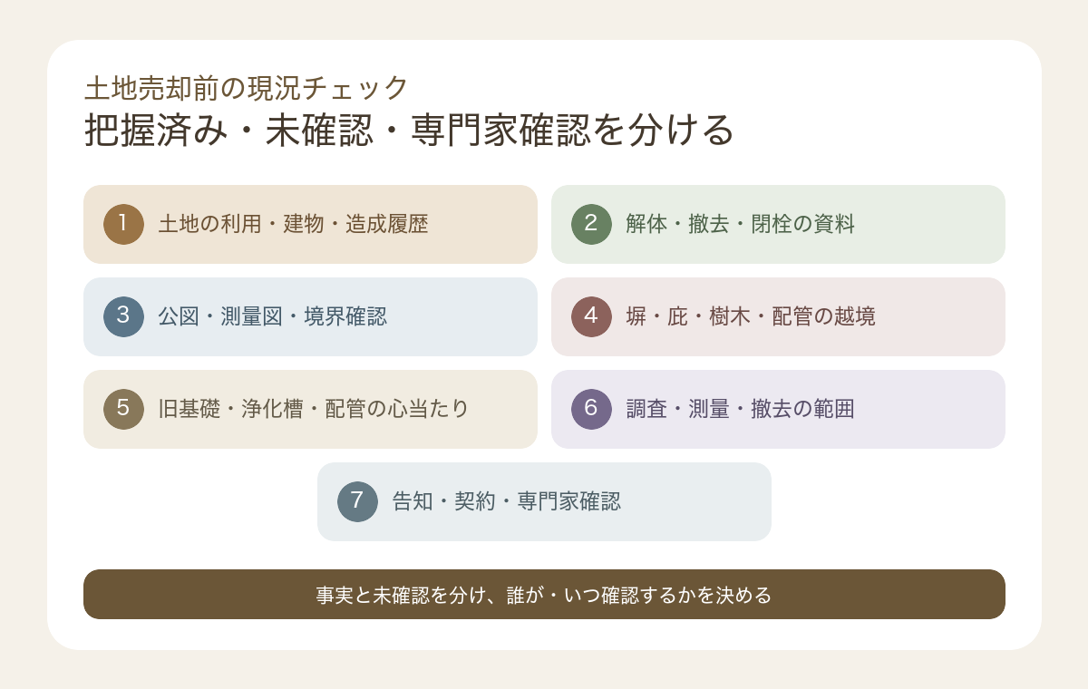 土地売却前に、利用履歴、解体資料、境界、越境、配管、調査、契約確認を進めるチェックリスト。