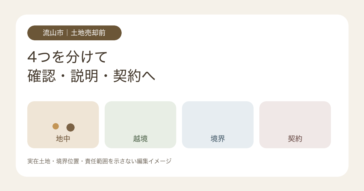 流山市の土地売却前に、地中埋設物、越境、境界、契約確認を四つに分けて整理するイメージ図。