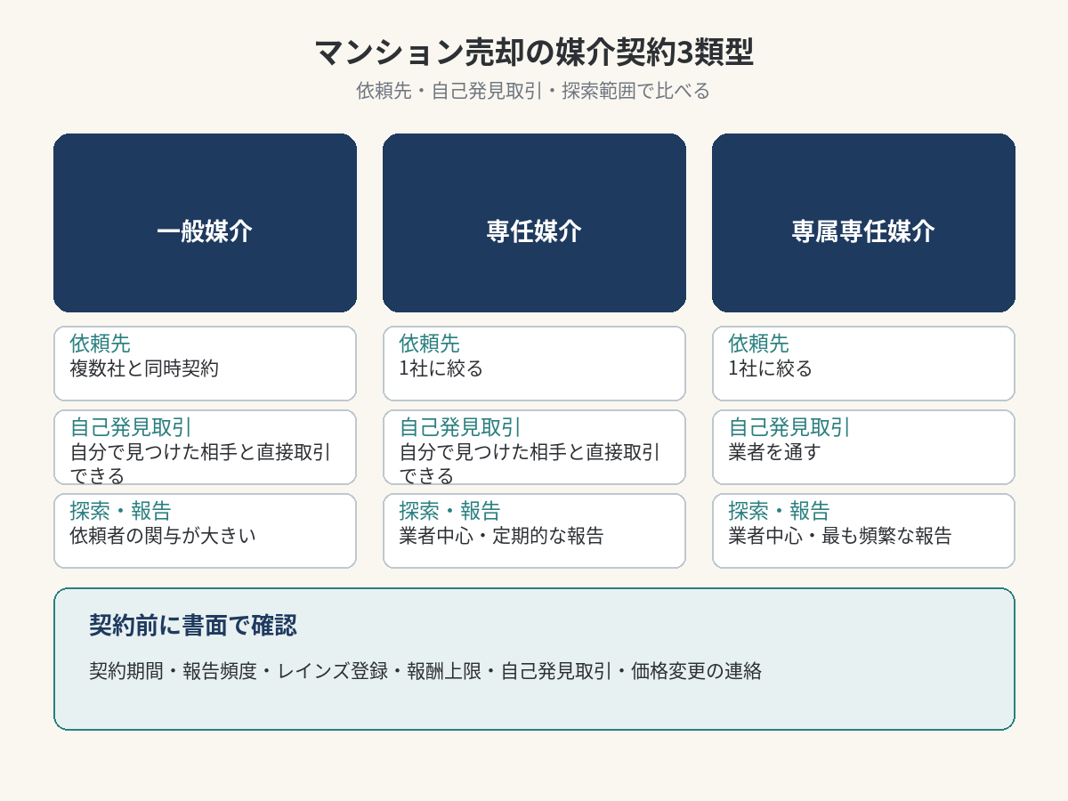 一般媒介、専任媒介、専属専任媒介の特徴を依頼先、自己発見取引、探索範囲で比べる図