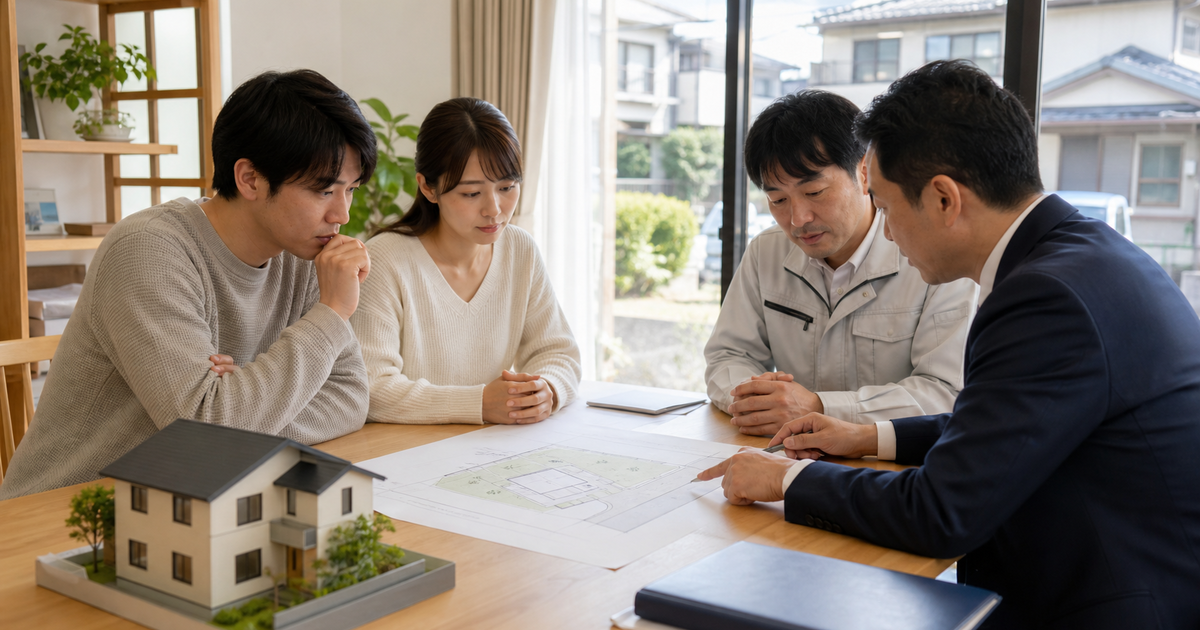 中古戸建て購入前に私道、接道、セットバックの資料を専門家と確認する夫婦のイメージ。