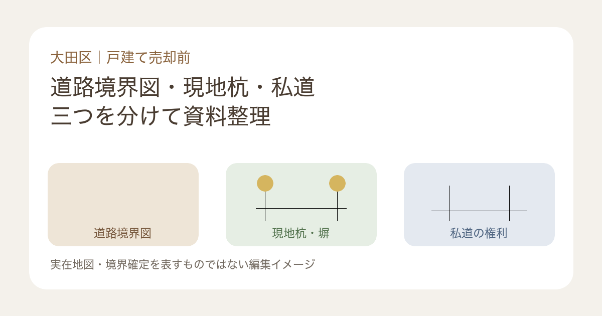 大田区の戸建て売却前に、道路境界図、現地杭、私道資料を売主と相談担当が整理するイメージ図。
