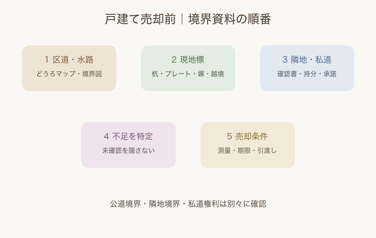 区道境界、現地杭、隣地、私道、測量、売却条件の順で資料を整理する図。