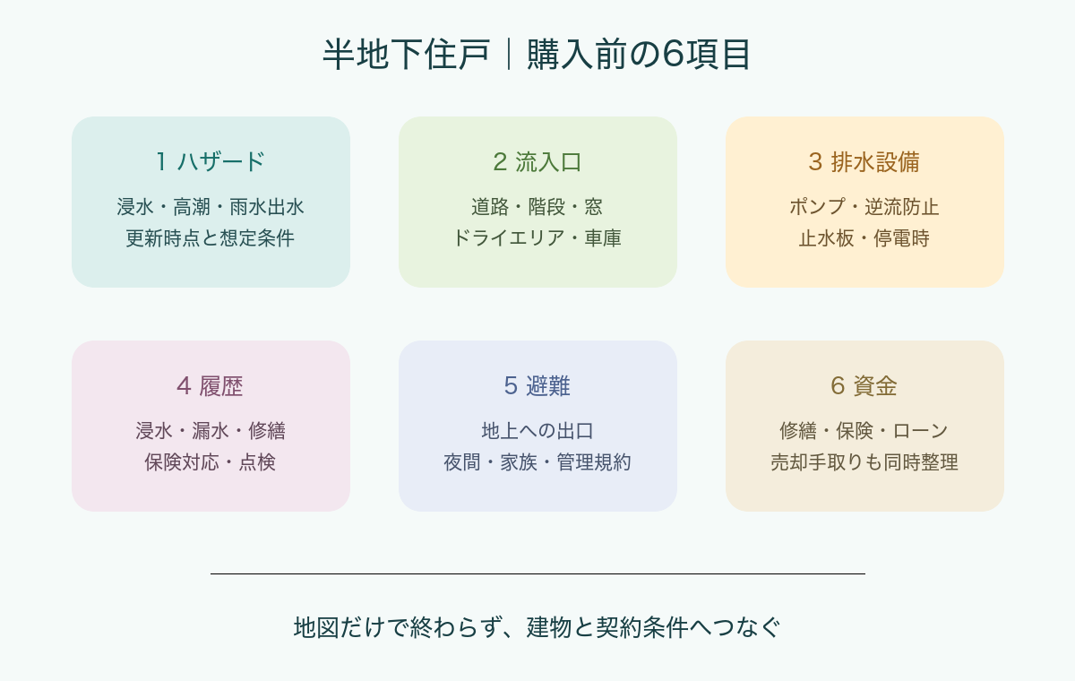 ハザード、流入口、排水設備、履歴、避難、資金の6項目を順に確認する図。