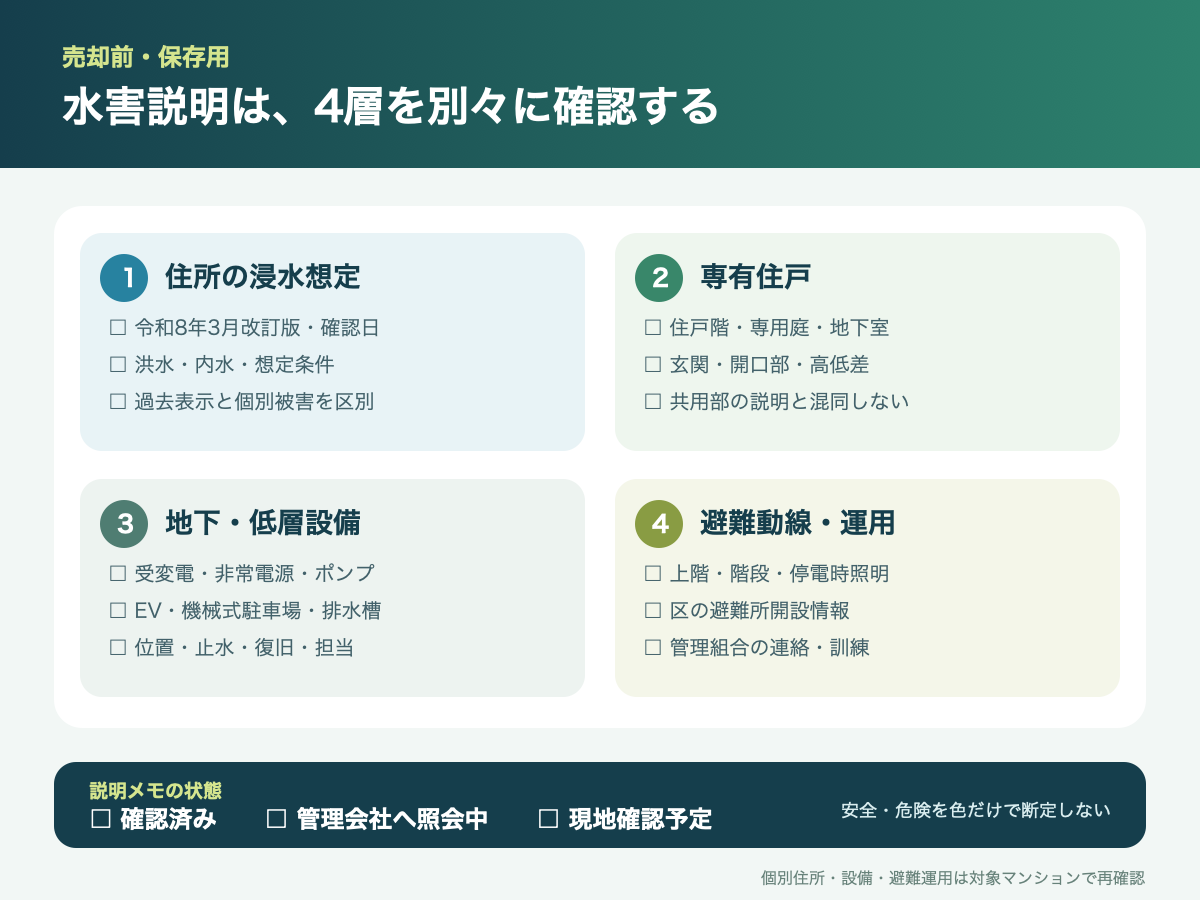 善福寺川緑地近くのマンション売却で、浸水想定、専有住戸、地下・低層設備、避難運用を確認するチェックリスト