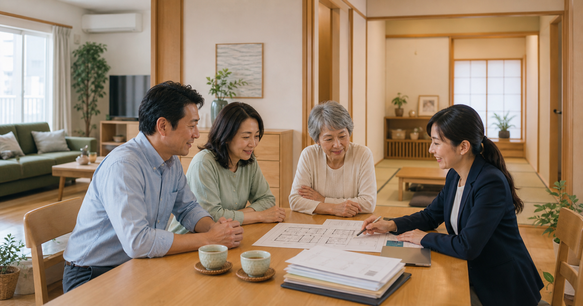 東京都内の二世帯住宅売却について、家族が女性の相談担当と間取り図や資料を確認するイメージ。