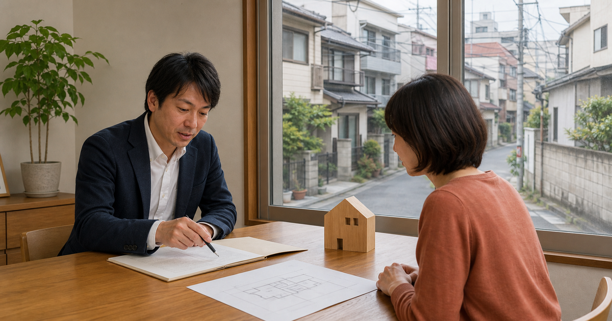 豊島区の古い実家を売る前に、住宅模型と資料を見ながら現況売却と除却を相談するイメージ。