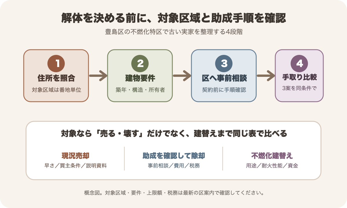 豊島区の古い実家で、対象区域、建物要件、区への事前相談、現況売却・助成除却・建替えを比べる順番の図。